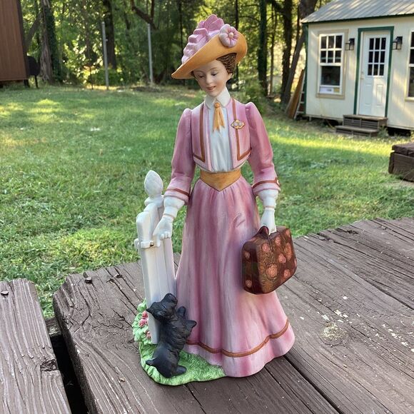 Vintage Victorian Lady Figurine Ceramic Woman with Dog Statue Roses Flowers - Picture 1 of 6
